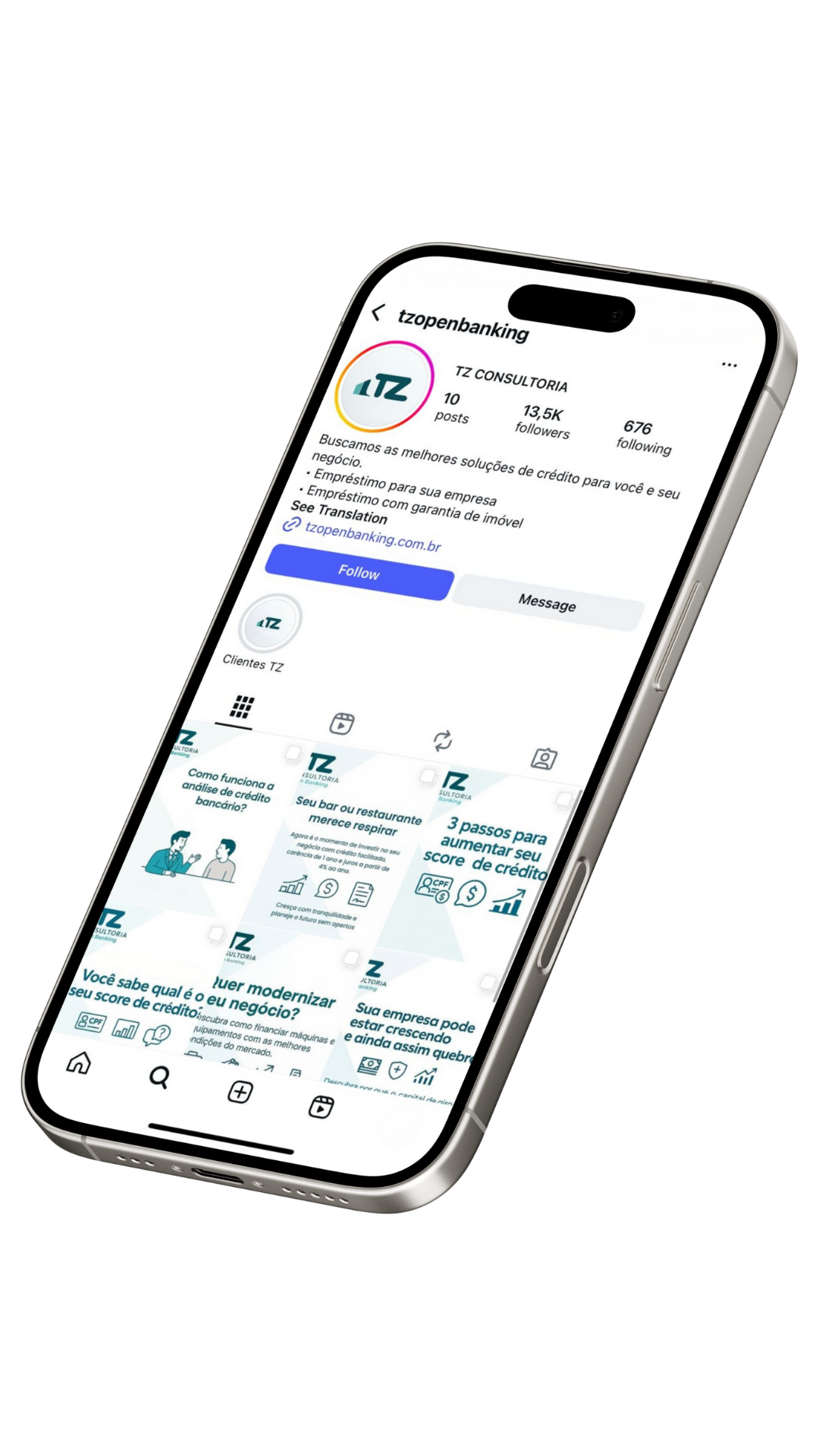 Feed do Instagram da TZ Consultoria em um smartphone